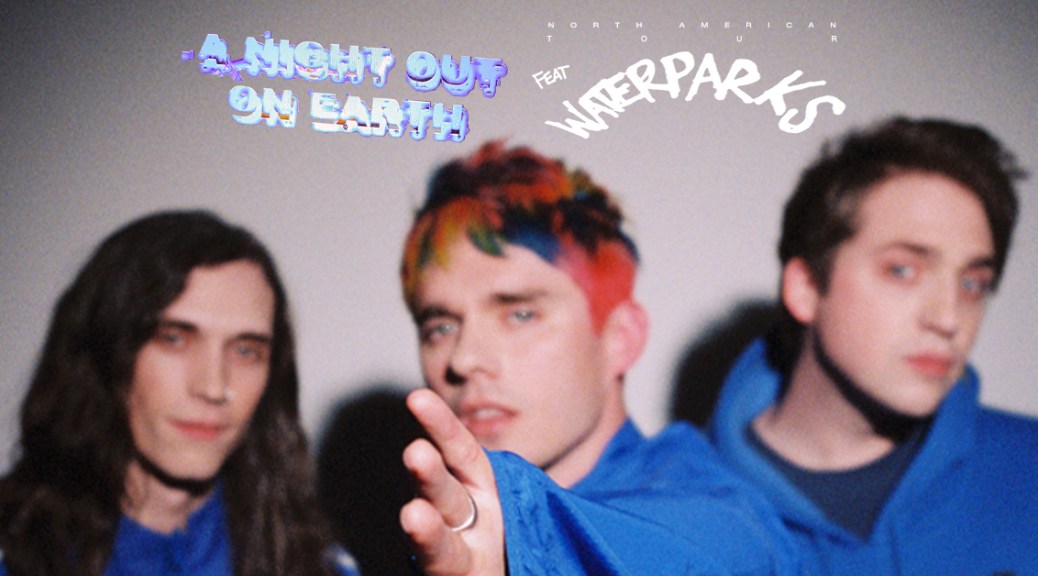 Waterparks "a night out on earth" tour flyer featuring Otto, Awsten, and Geoff in blue jumpsuits staring into the camera but they're blurry.
